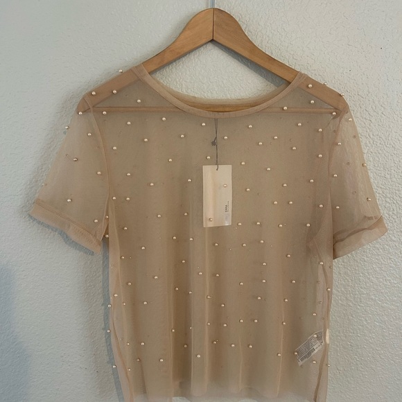 Zara Tops - Sheer NWT Pearl Embellished Tan Top Size Large